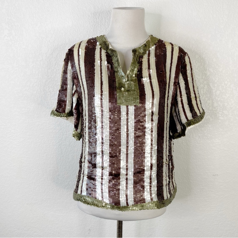 Vintage Oscar De La Renta Brown White Green Sequin Striped Blouse